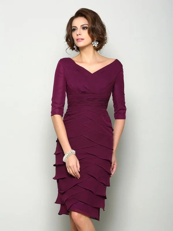 Elegant V-neck half sleeve short chiffon sheath dress for mother of the bride.