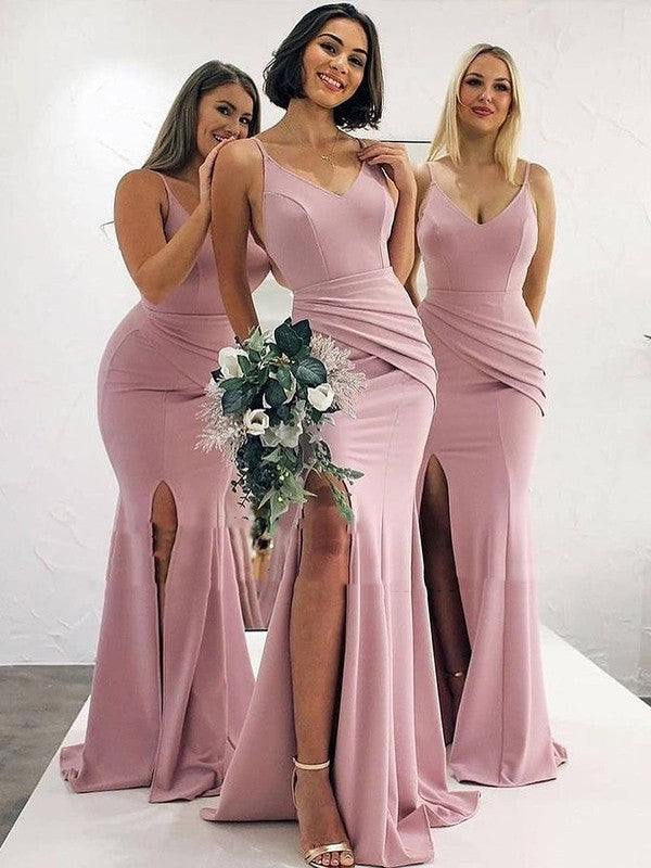 Elegant sleeveless V-neck ruched stretch crepe bridesmaid dress.