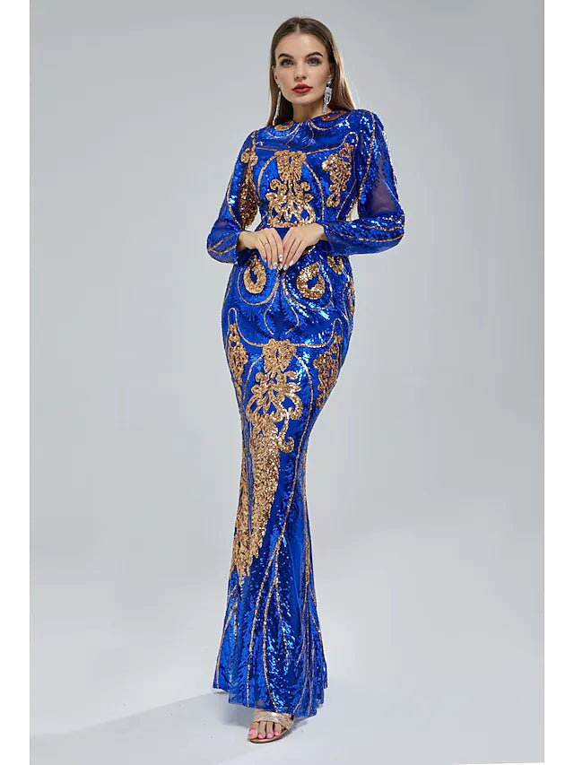 Side view of the mermaid silhouette of the sequined evening dress.