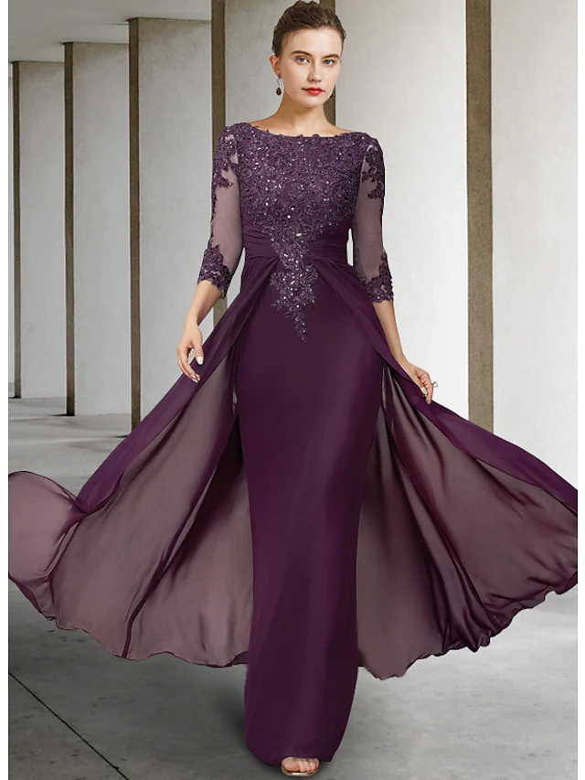 Elegant Mother of the Bride dress with jewel neck and 3/4 sleeves, featuring sequin appliques.