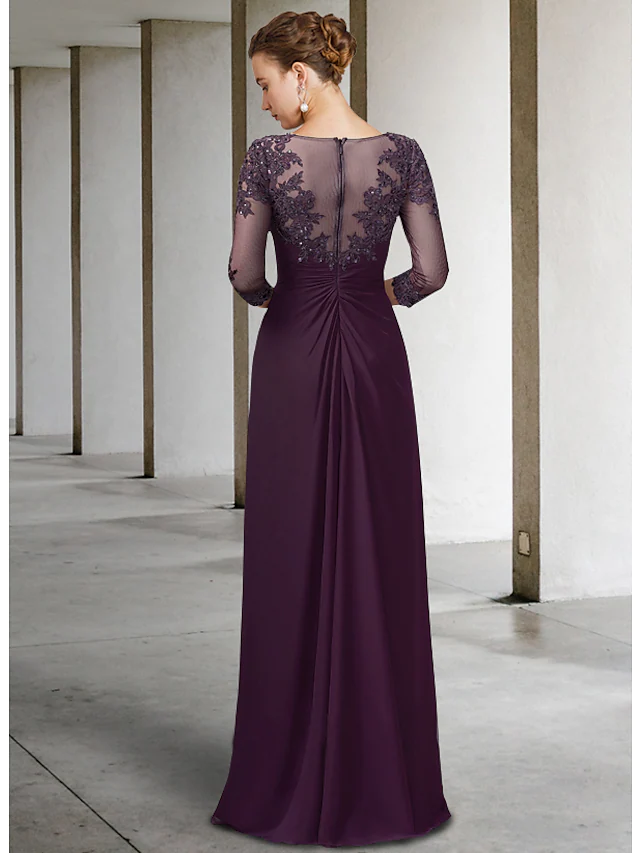 Side view of the asymmetrical floor-length Mother of the Bride gown.