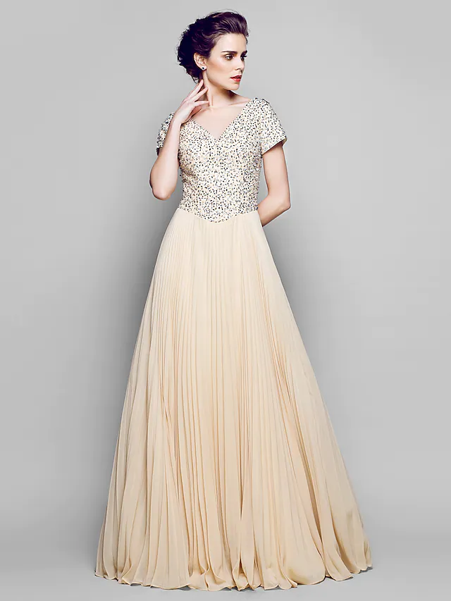 Full view of the A-line mother of the bride gown, showcasing its complete design.