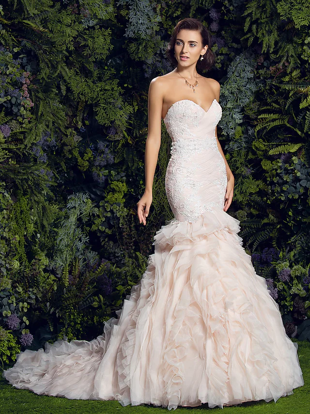 Mermaid wedding gown with delicate lace details and court train.