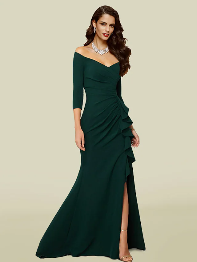 Elegant mermaid trumpet mother of the bride dress with V-neck and off-shoulder details.