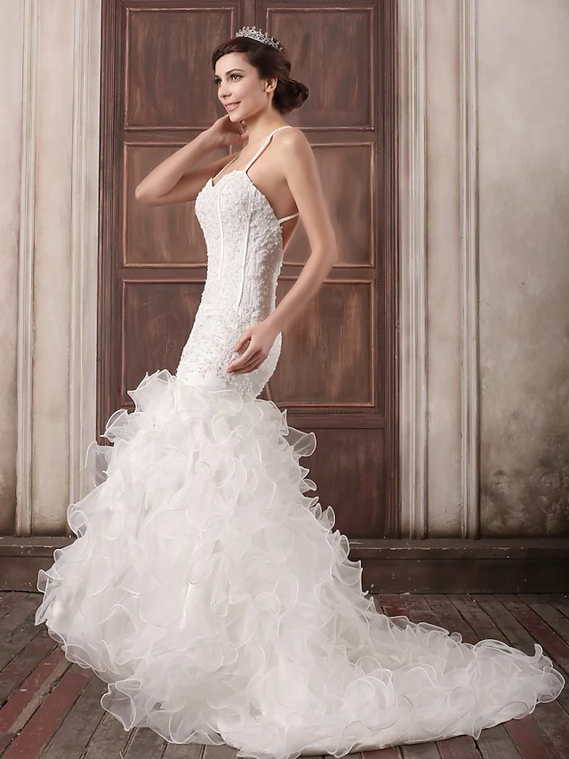 Back view of the wedding dress showcasing illusion detail and court train.