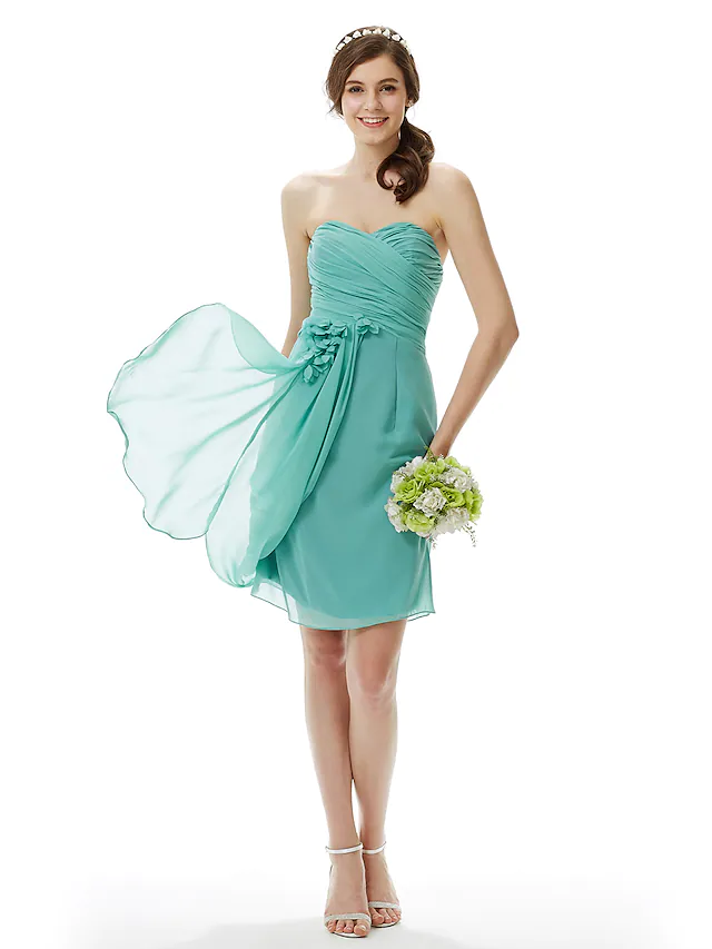 Sweetheart strapless chiffon bridesmaid dress with side draping.