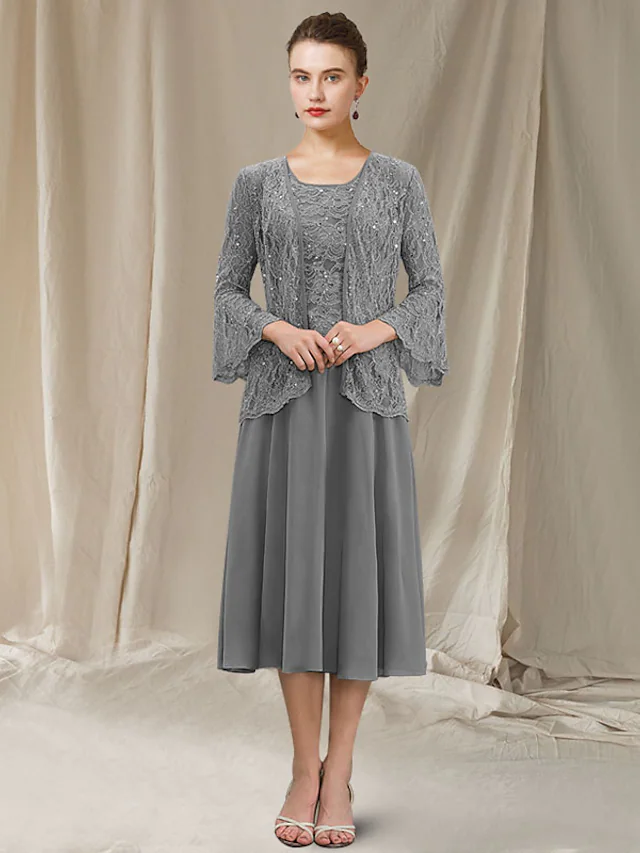 Elegant two-piece A-line Mother of the Bride dress, front view.
