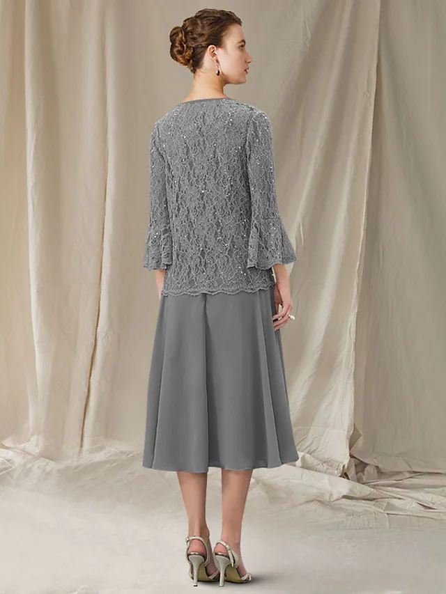 Side view of the tea length chiffon lace sequin dress.
