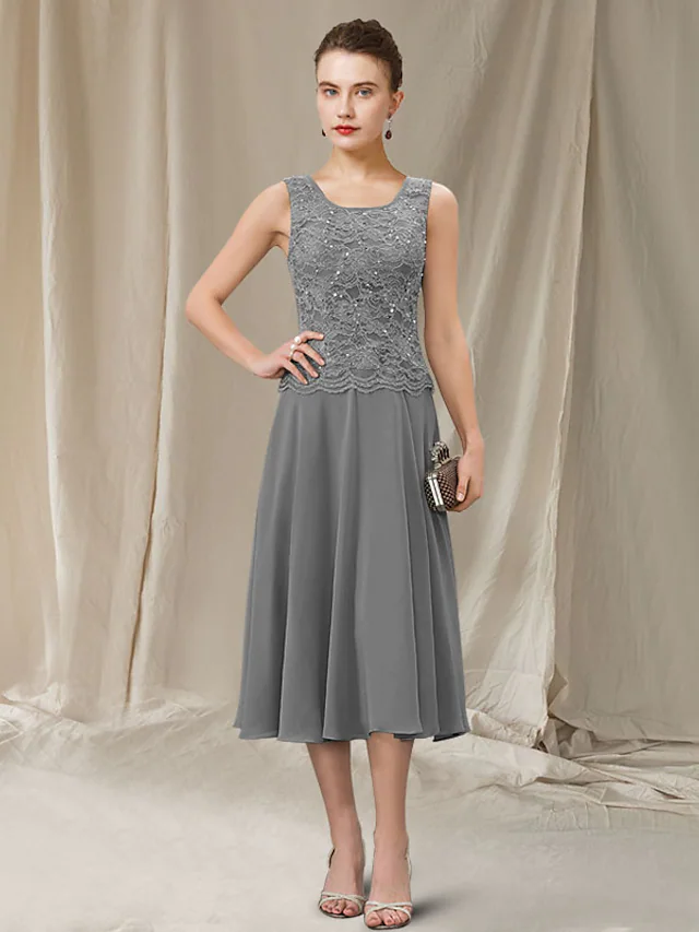 Back view of the sophisticated jewel neck Mother of the Bride gown.