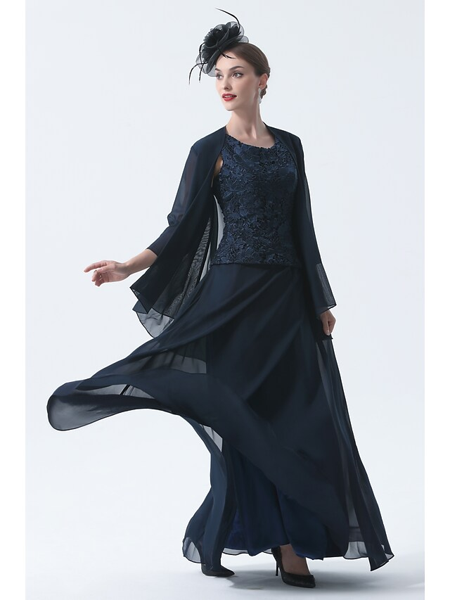 Elegant two-piece A-line Mother of the Bride dress with square neck and 3/4 sleeves, front view.
