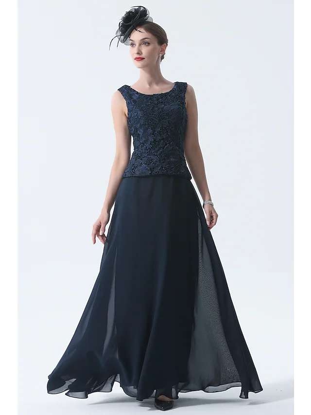 Side view of the elegant two-piece A-line Mother of the Bride dress with delicate embroidery.