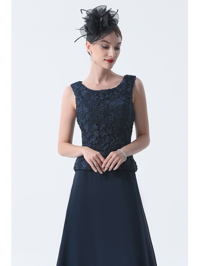 Full view of the elegant two-piece A-line Mother of the Bride dress, showcasing its floor-length chiffon.