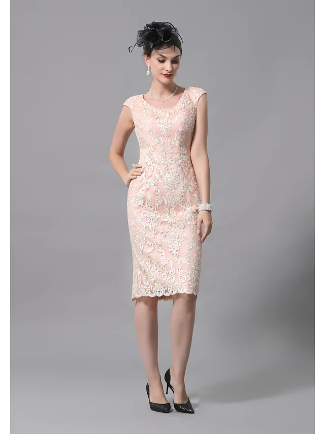 Side profile of the knee-length formal dress.