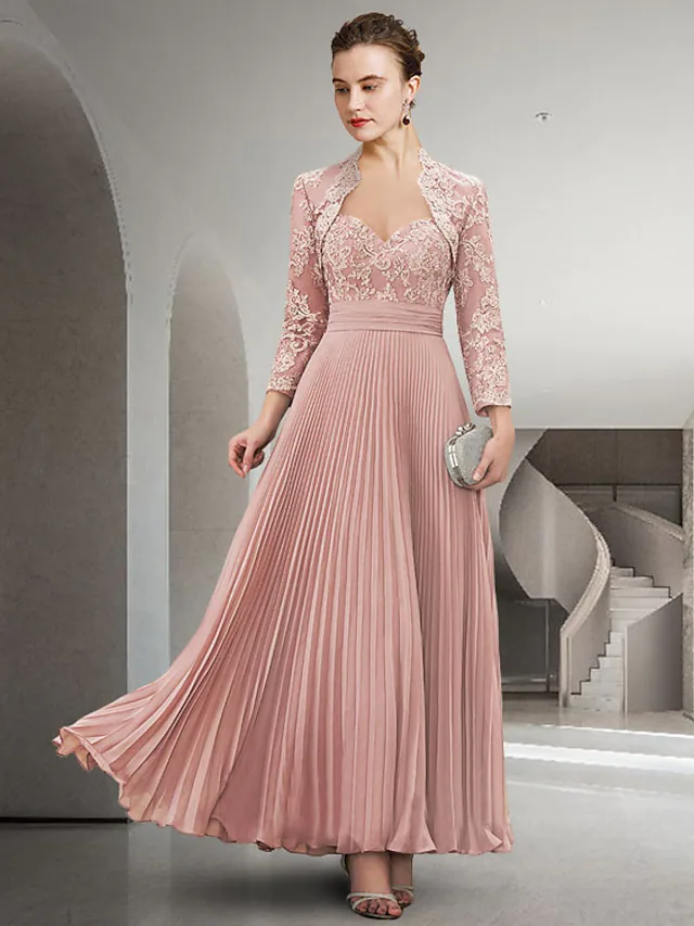 Elegant two-piece A-line Mother of the Bride dress with sweetheart neckline and long sleeves.