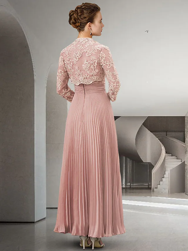 Back view of a floor-length chiffon lace gown with pleats and appliques.