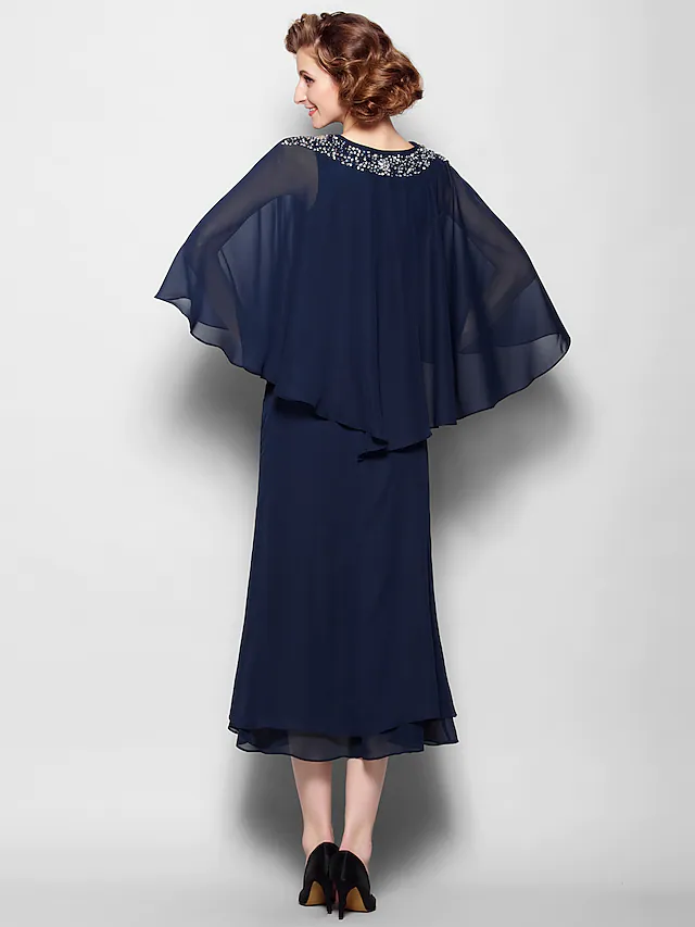 Back view of a sophisticated tea-length chiffon dress for Mother of the Bride.