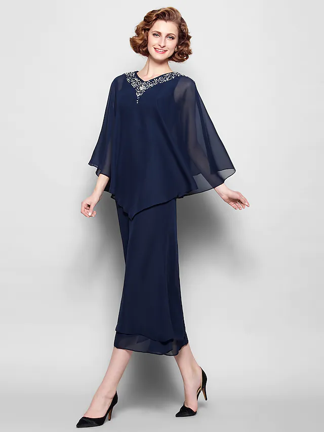 Side profile of a woman wearing a V-neck 3/4 sleeve Mother of the Bride dress.