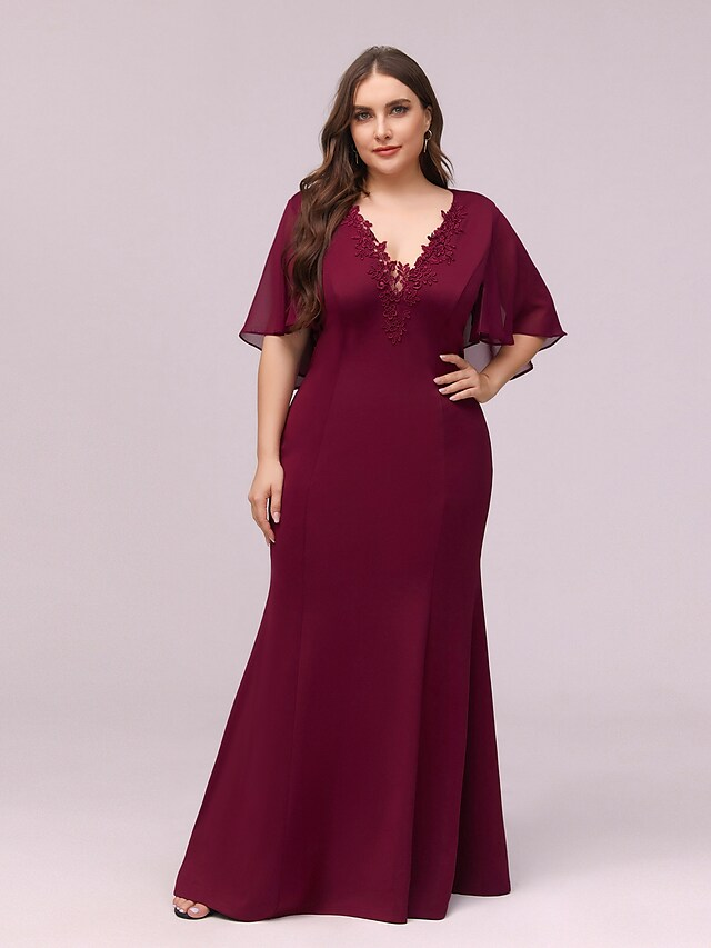 Side view of a V-neck chiffon bridesmaid gown.