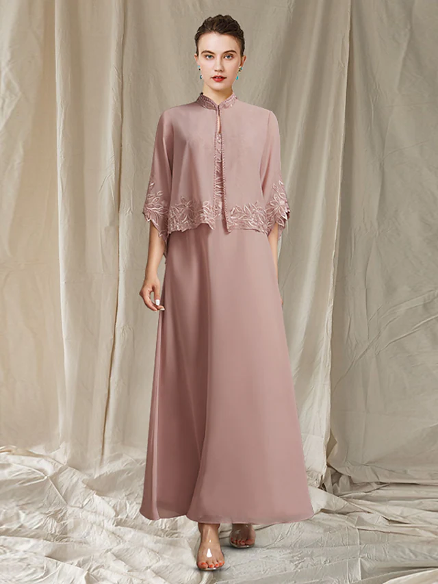 Elegant Mother of the Bride dress with V-neck, chiffon, and lace details.