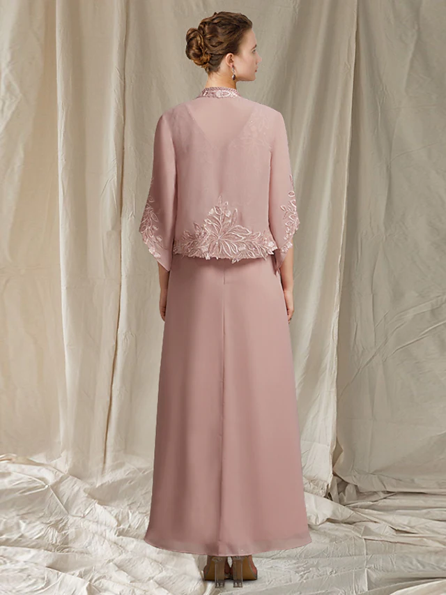 Back view of ankle-length formal gown with delicate beading appliques.