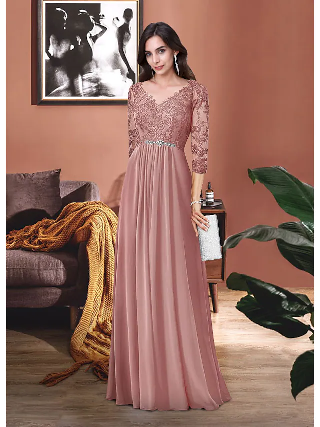 Elegant V-neck chiffon lace Mother of the Bride dress with 3/4 sleeves, pleats, appliques, and a crystal brooch.