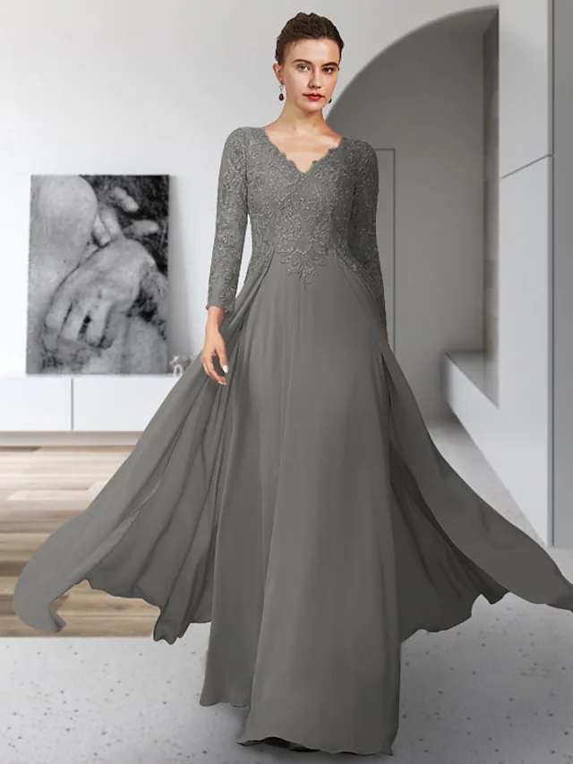 Elegant V-neck Mother of the Bride dress with 3/4 sleeves, chiffon lace, and pleats.