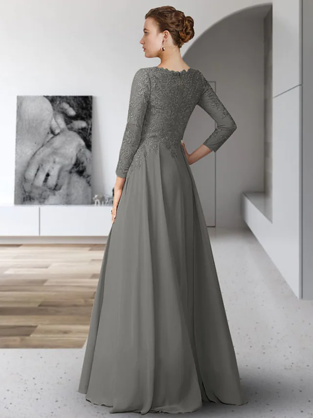 Elegant V-neck Mother of the Bride dress with 3/4 sleeves, chiffon lace, and pleats.