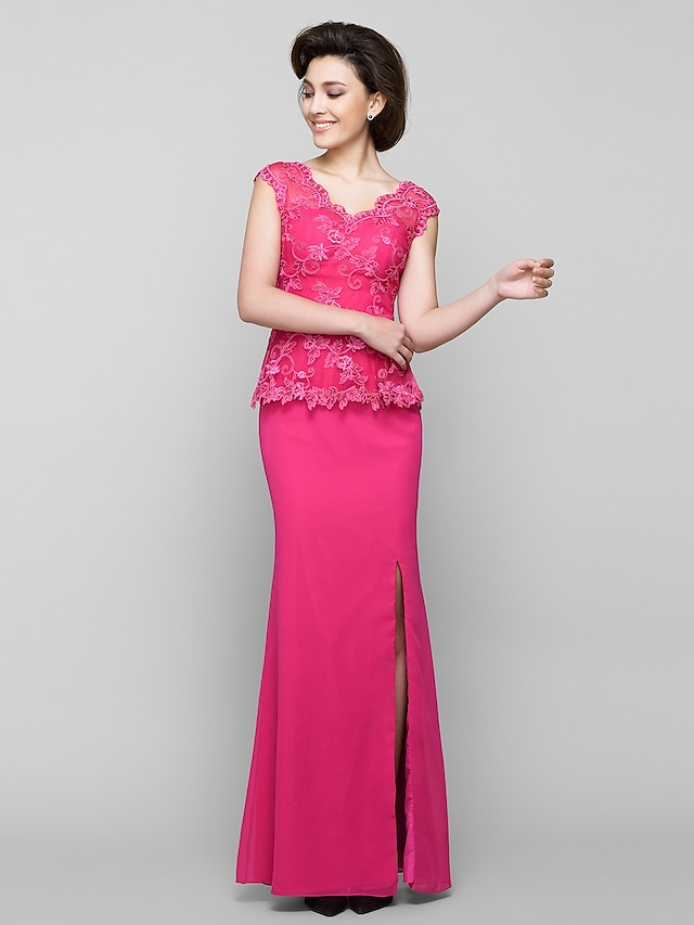 Elegant V-neck chiffon lace Mother of the Bride dress with ruched details.