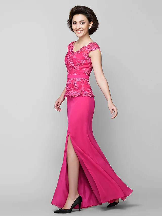 Back view of the floor-length V-neck Mother of the Bride gown.