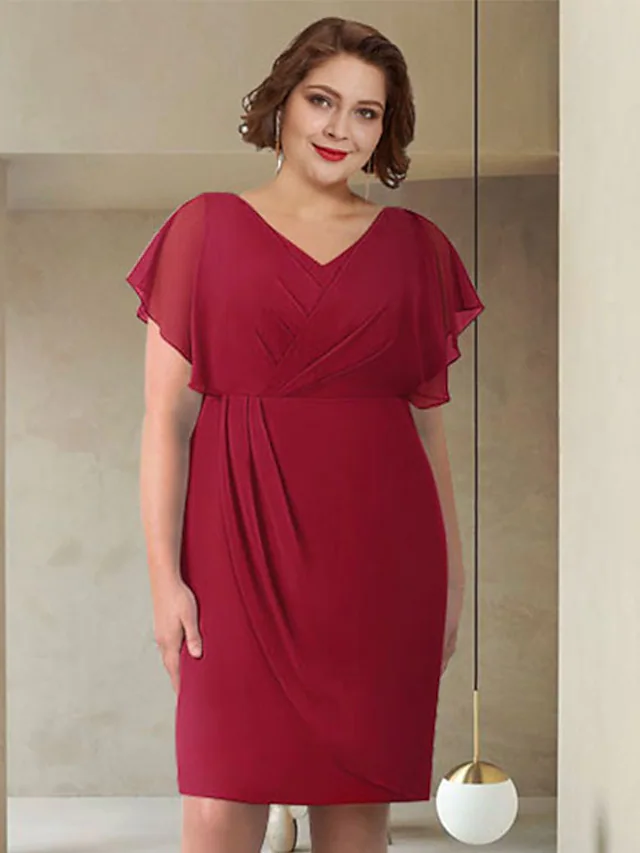 Front view of an elegant V-neck chiffon mother of the bride dress with short sleeves and ruching.
