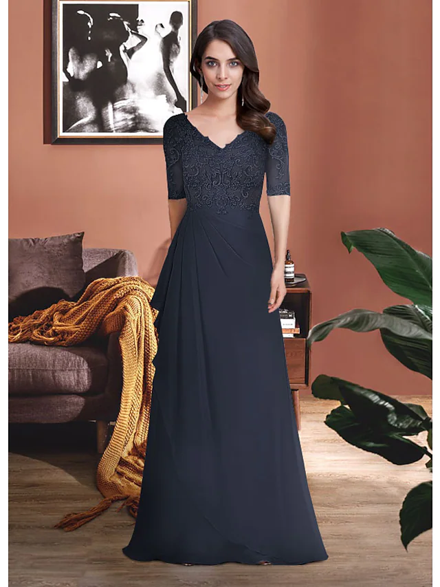 Elegant V-neck Mother of the Bride dress with half sleeves and lace appliques.