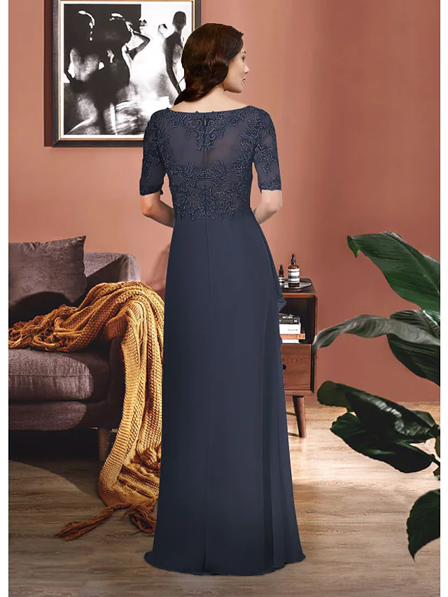 Chiffon and lace ruched gown for mothers of the bride, side view.