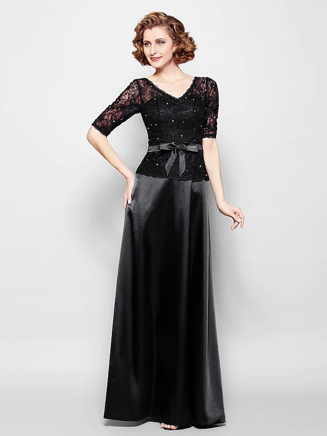 Elegant V-neck half-sleeve Mother of the Bride dress in lace and stretch satin with a sash, full view.