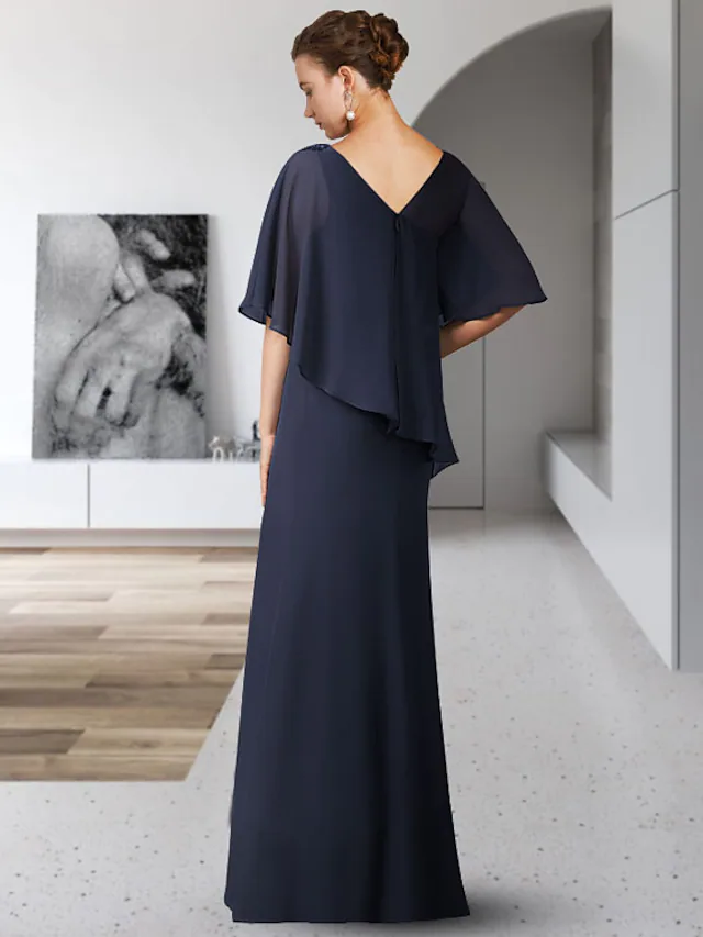Floor-length Mother of the Bride gown in chiffon, showing V-neck and ruffled half sleeves.
