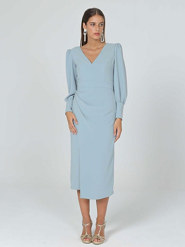 Elegant Mother of the Bride dress with V-neck, long sleeves, and ruching.