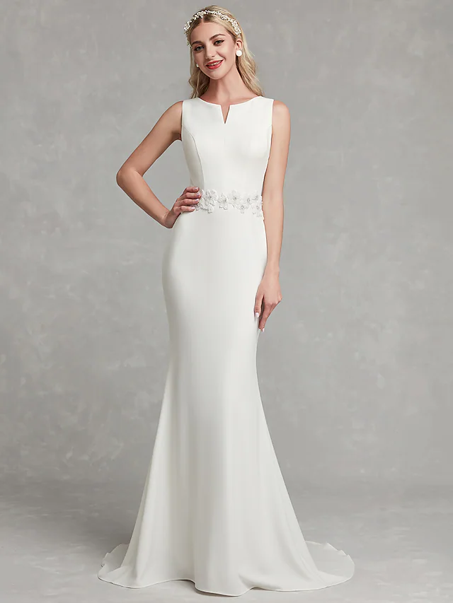 Elegant V-neck satin A-line wedding dress with appliques.