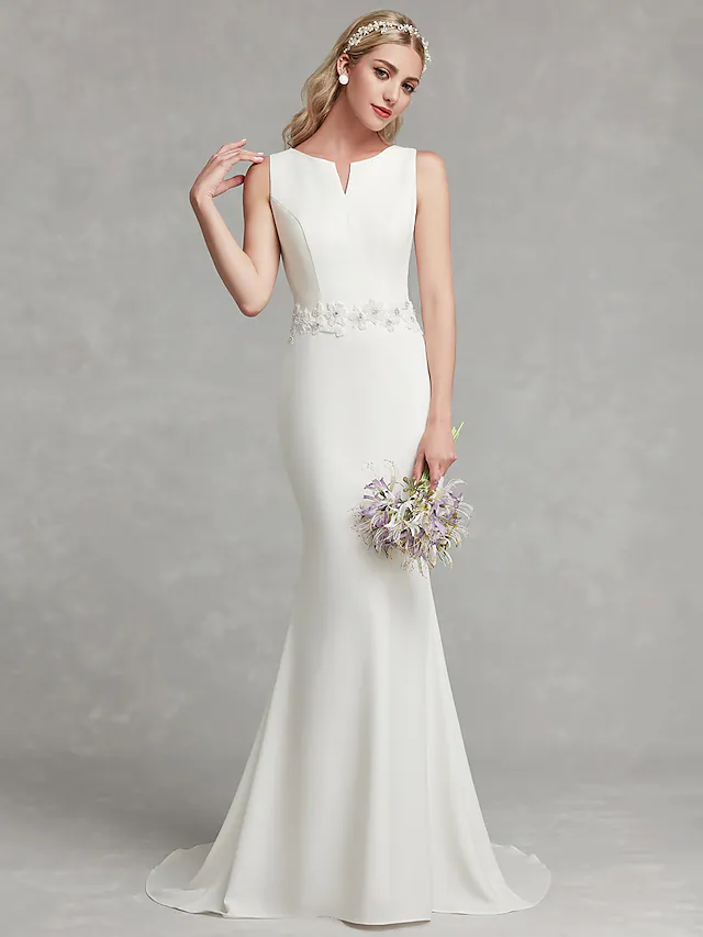 Full length view of plus size satin bridal gown.