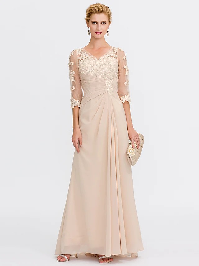 Elegant V-neck Mother of the Bride dress with lace appliques and side draping.
