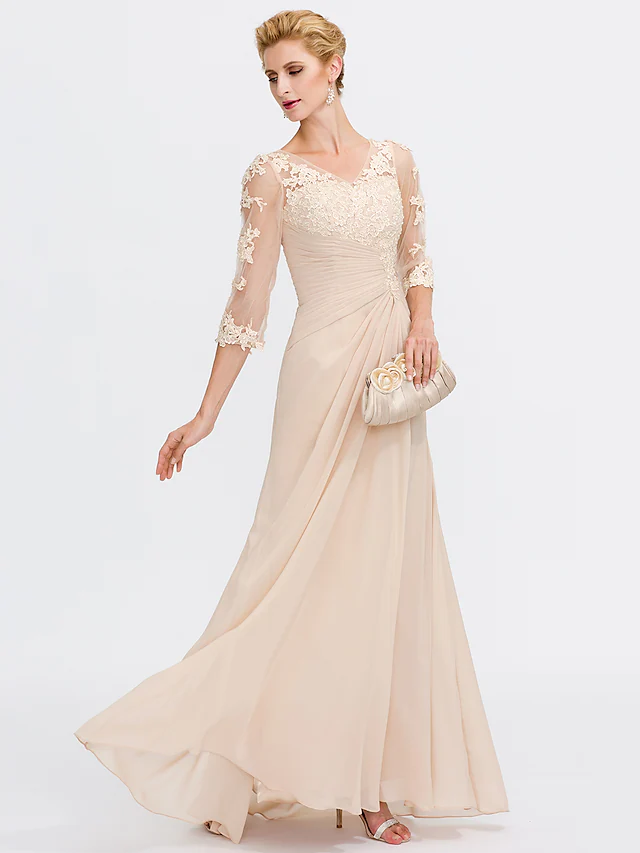 Back view of a floor-length chiffon Mother of the Bride dress.
