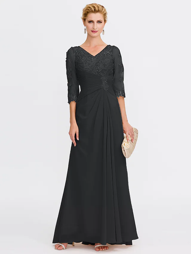 Black V-neck Mother of the Bride dress with half sleeves and lace details.
