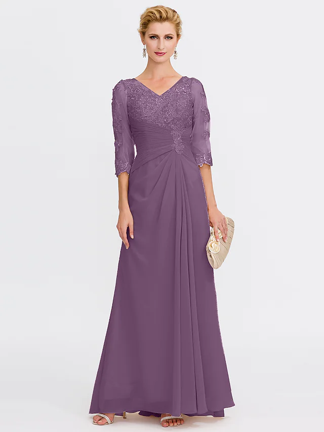 Elegant floor-length gown for Mother of the Bride, showcasing silhouette.