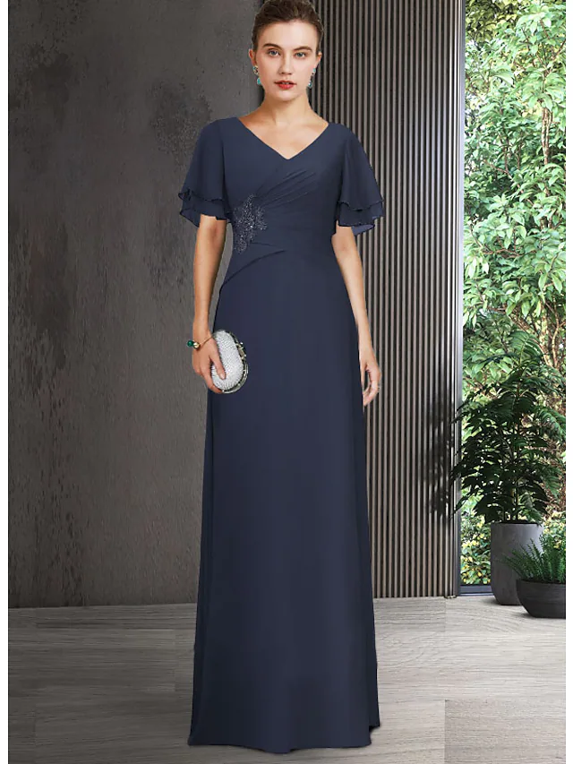 Elegant V-neck chiffon mother of the bride dress with appliques and ruching, floor length, short sleeves.