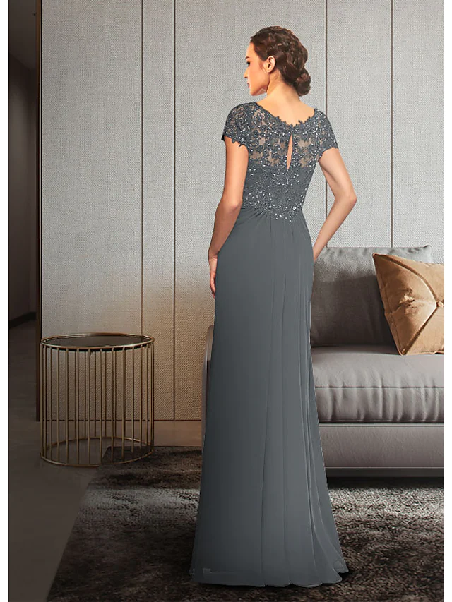 Back view of the elegant V-neck short sleeve Mother of the Bride gown, highlighting chiffon lace and ruching.