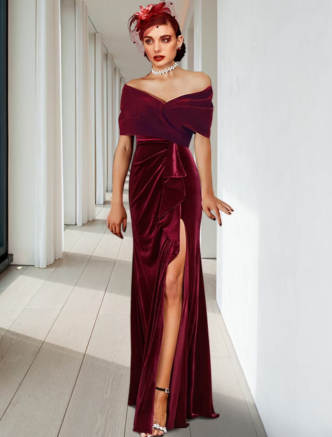 Elegant velvet sheath evening gown with V-neck and pleats.