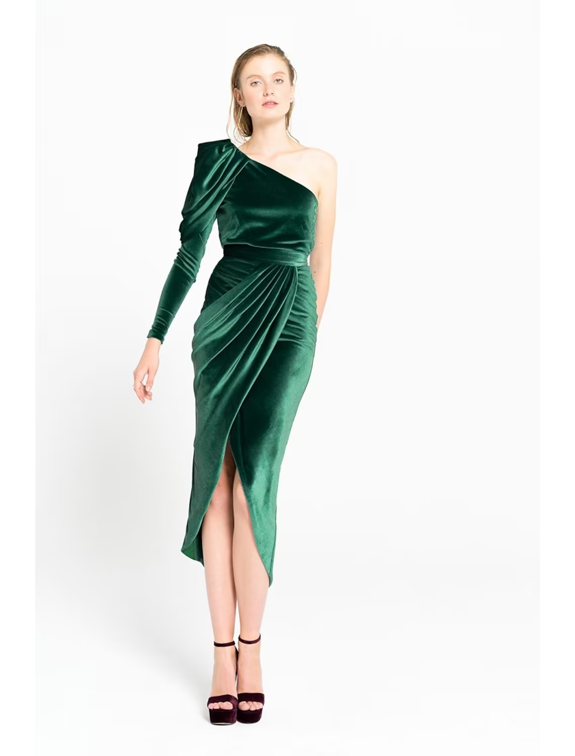 Elegant velvet sheath dress with one shoulder and long sleeve, tea length with a slit.