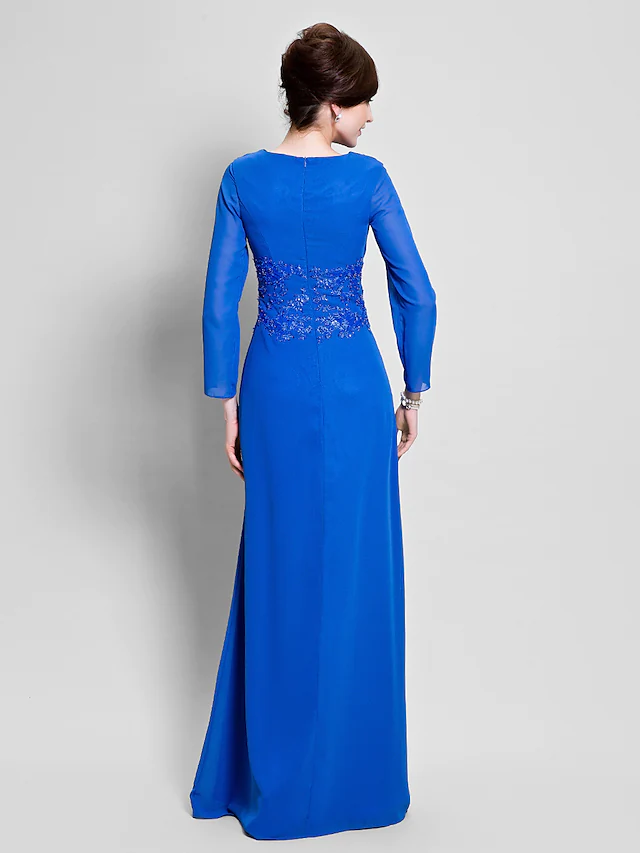 Close-up of the cowl neck and applique details on the chiffon mother of the bride dress.