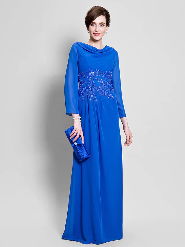 Back view of the floor-length chiffon mother of the bride dress with long sleeves.
