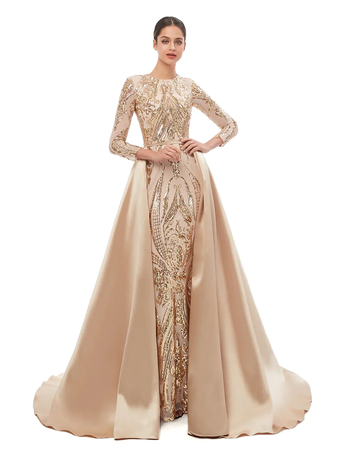 Elegant sequined mermaid dress with long sleeves and jewel neck.