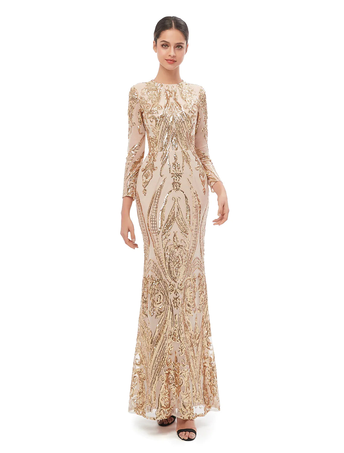 Back view of a woman in a long sleeve sequined formal gown.