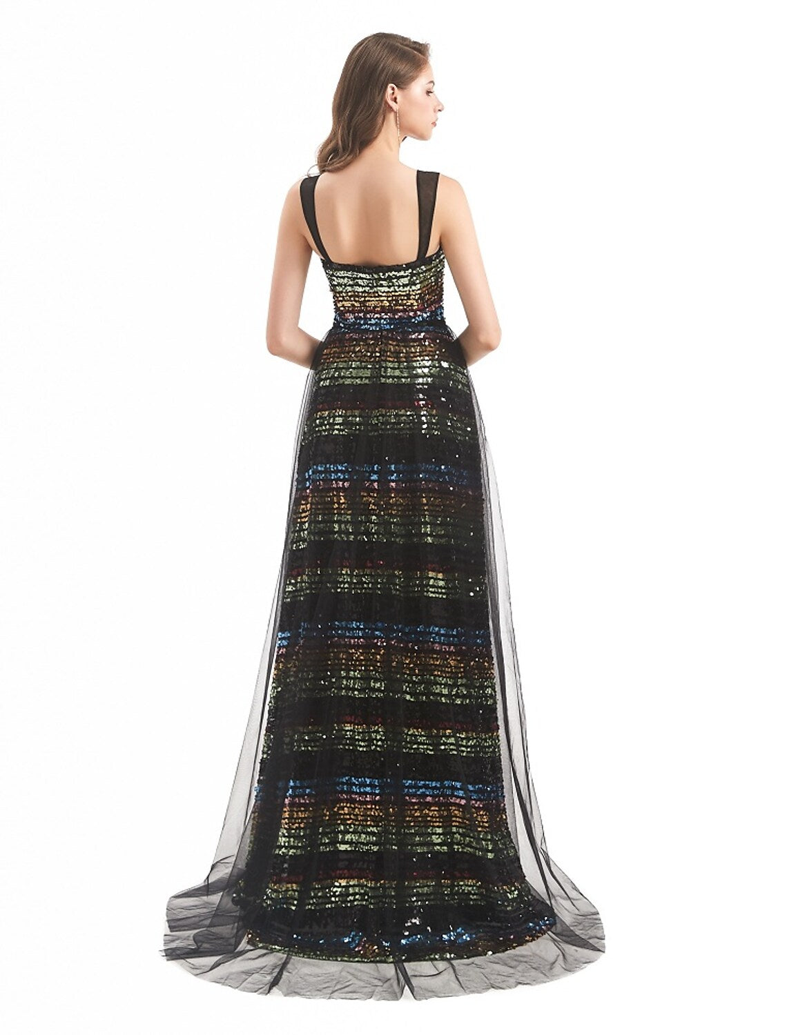Back view of the sheath evening gown, showing the sweep train.